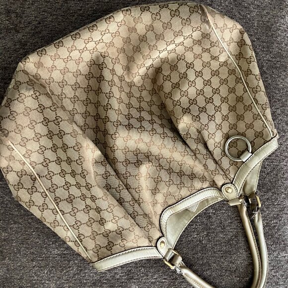 MONOGRAM Large SUKEY GUCCI Tote Gold Leather Trim & GG Gold Charm - Picture 14 of 16